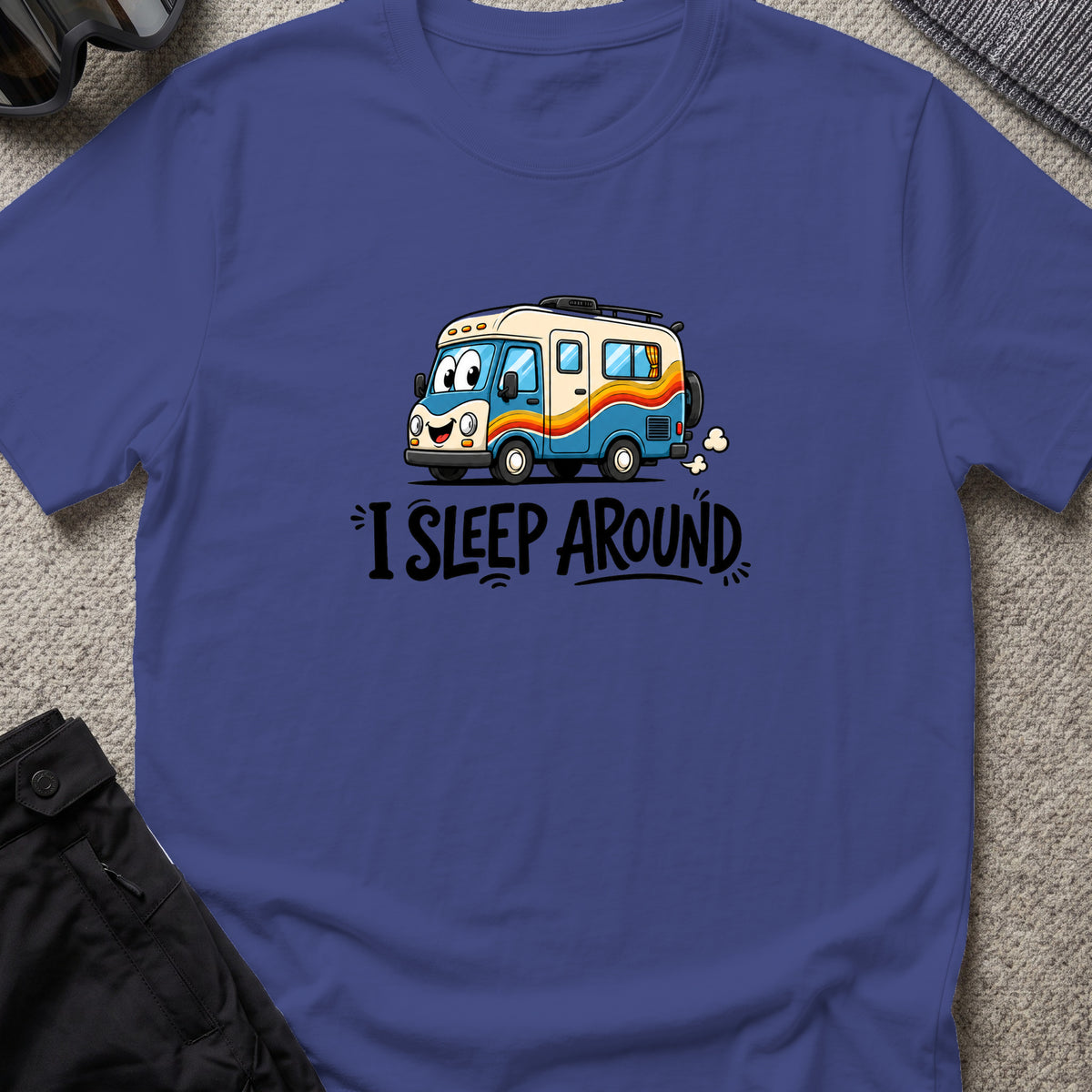I Sleep Around T-Shirt in Metro Blue, front view.