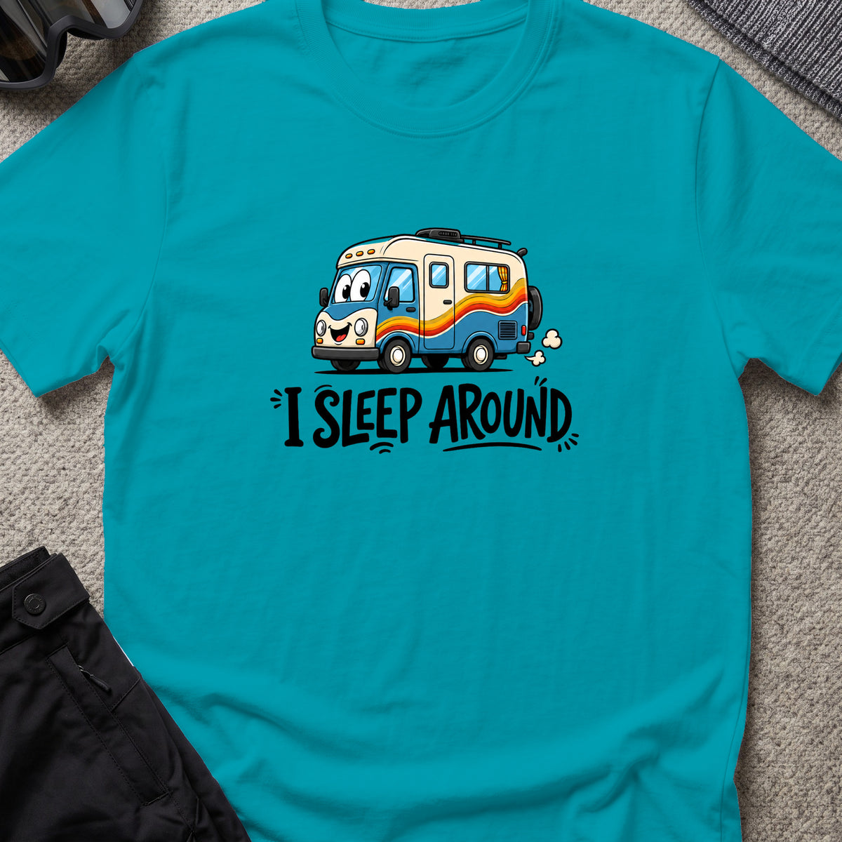 I Sleep Around T-Shirt in Tropical Blue, front view.