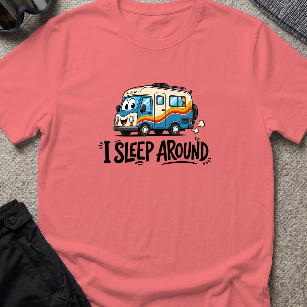 I Sleep Around T-Shirt in Coral Silk, front view.
