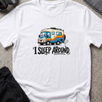 I Sleep Around T-Shirt in White, front view.