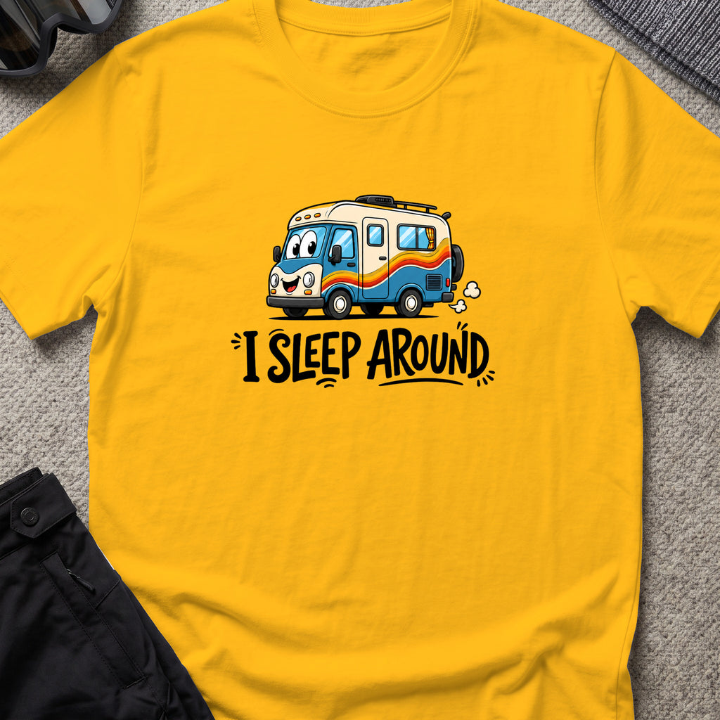 I Sleep Around T-Shirt in Gold, front view.