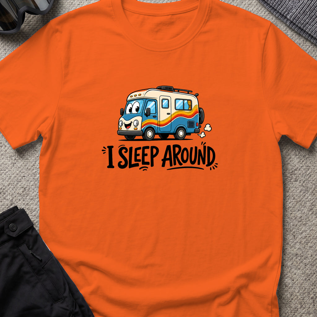I Sleep Around T-Shirt in Orange, front view.