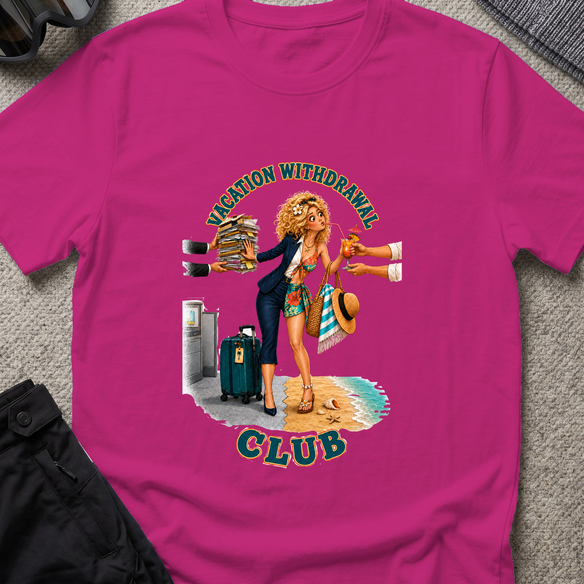 Vacation Withdrawal Club pt. II T-Shirt in Antique Heliconia, front view.