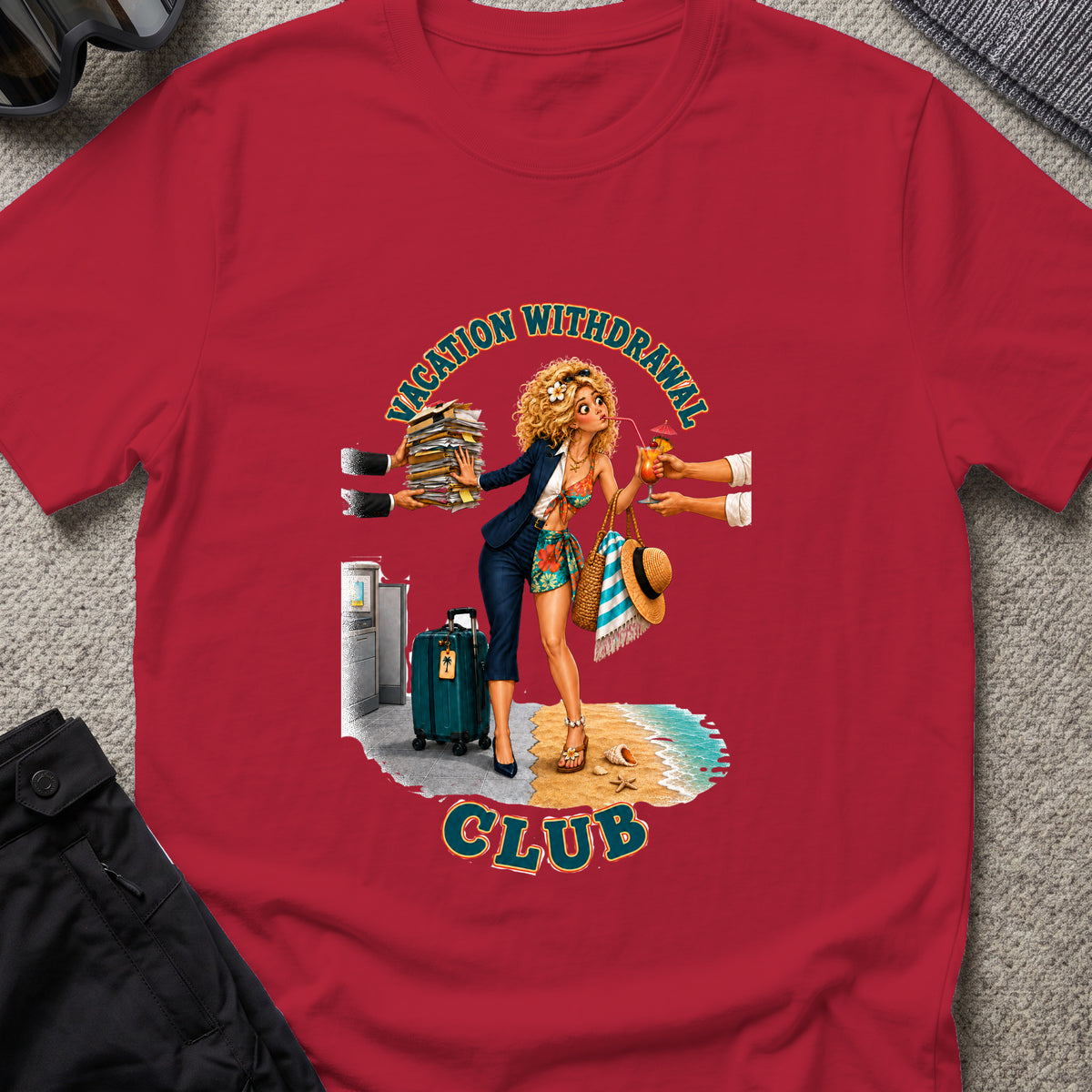 Vacation Withdrawal Club pt. II T-Shirt in Antique Cherry Red, front view.