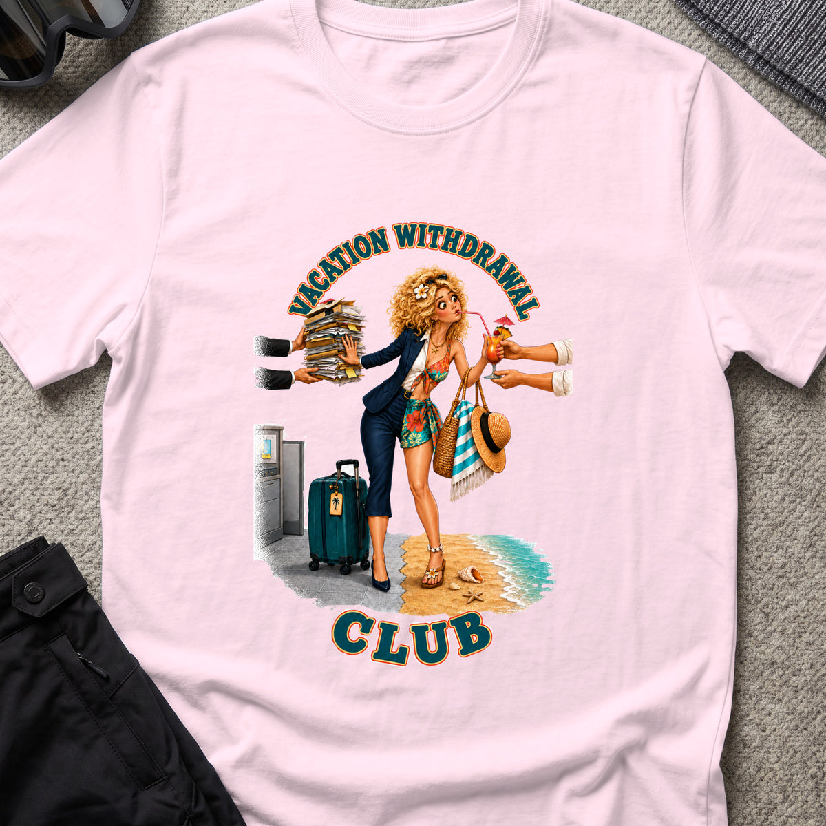 Vacation Withdrawal Club pt. II T-Shirt in Light Pink, front view.