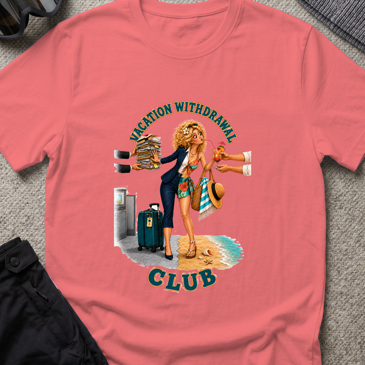 Vacation Withdrawal Club pt. II T-Shirt in Coral Silk, front view.