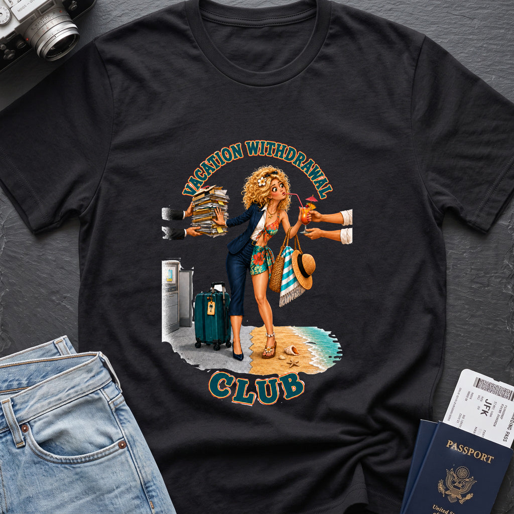 Vacation Withdrawal Club pt. II T-Shirt in Black, front view.