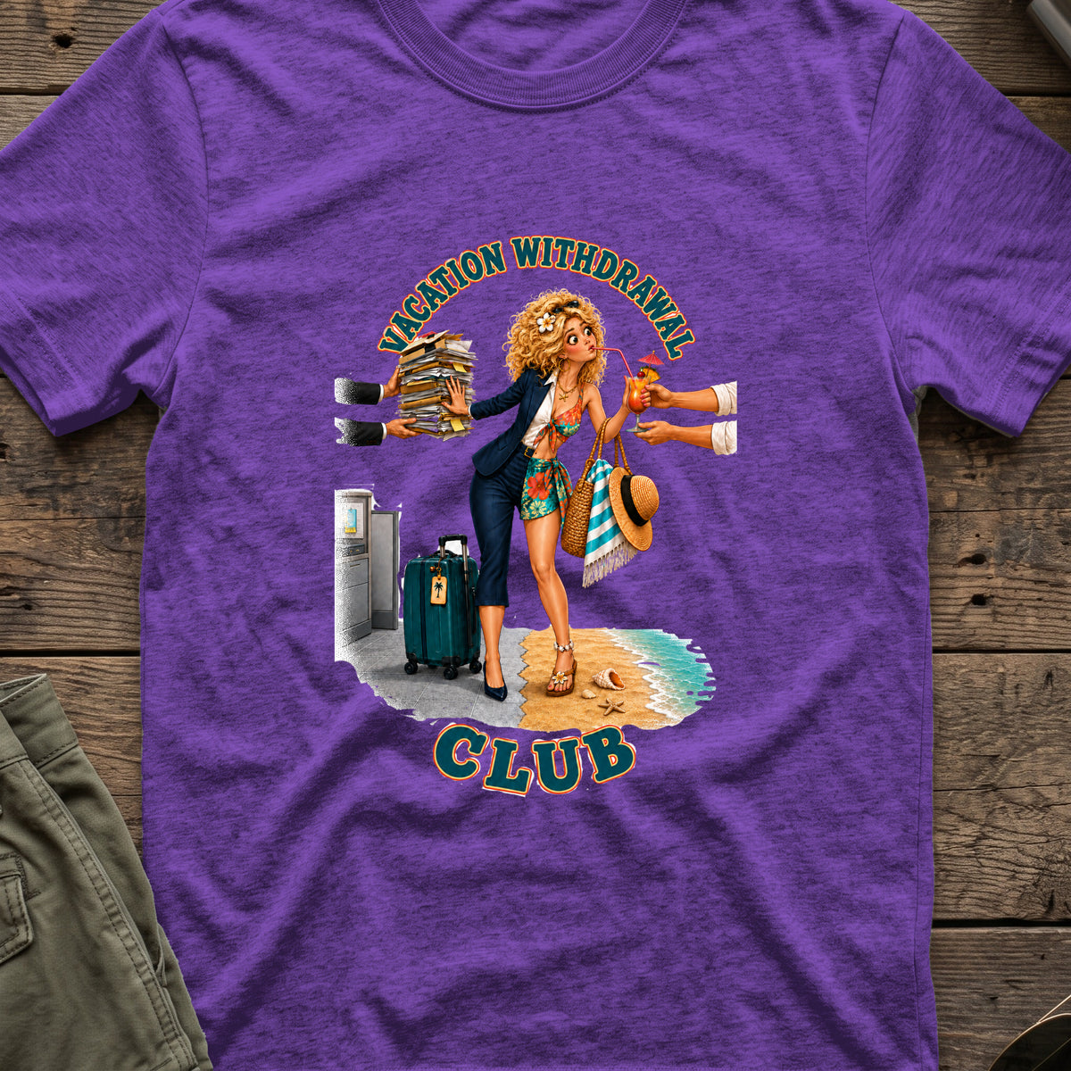 Vacation Withdrawal Club pt. II T-Shirt in Heather Purple, front view.