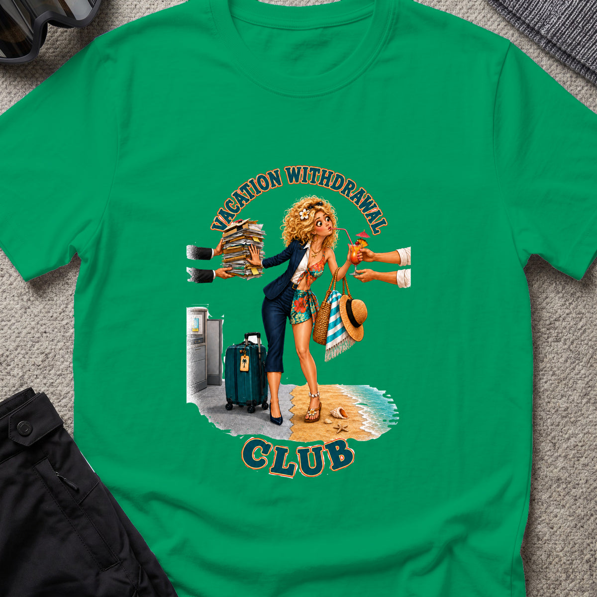 Vacation Withdrawal Club pt. II T-Shirt in Kelly Green, front view.