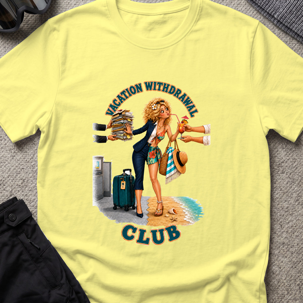 Vacation Withdrawal Club pt. II T-Shirt in Cornsilk, front view.