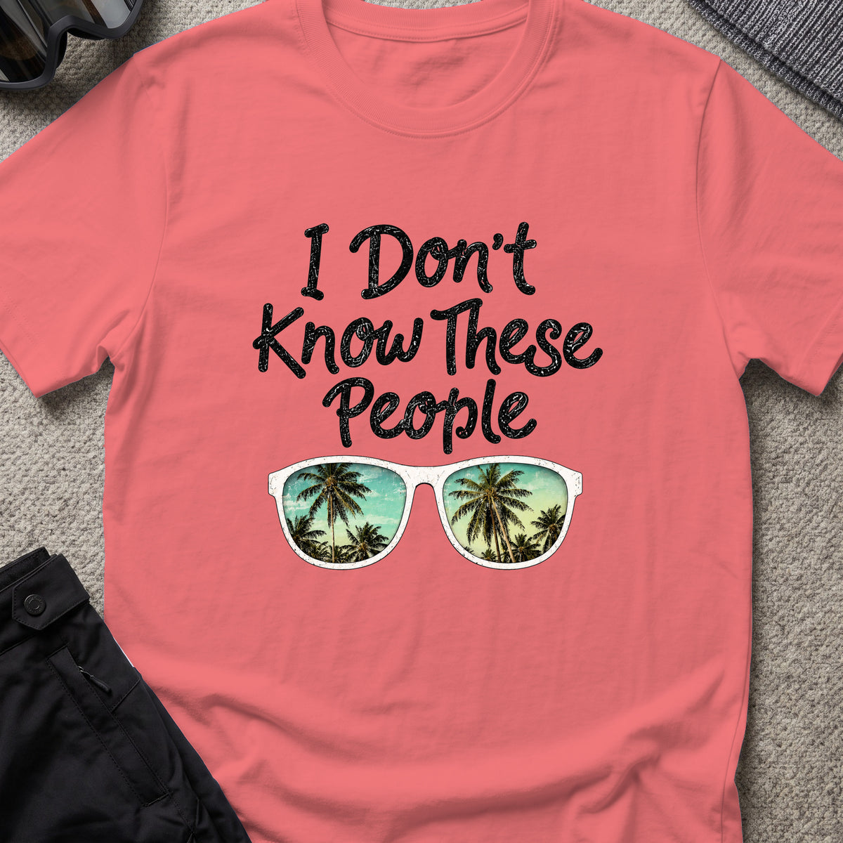 I Don't Know These People T-Shirt in Coral Silk, front view.