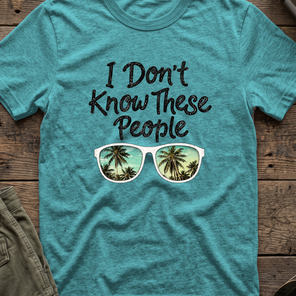 I Don't Know These People T-Shirt in Heather Galapagos Blue, front view.