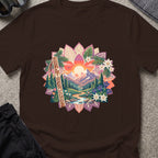 Floral Mountains T-Shirt in Dark Chocolate, front view.
