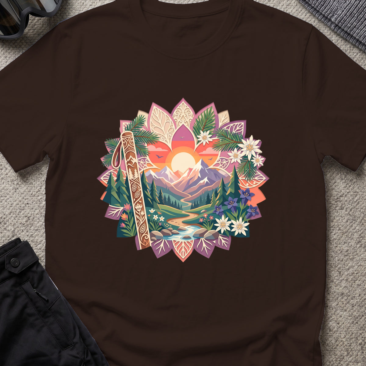 Floral Mountains T-Shirt in Dark Chocolate, front view.