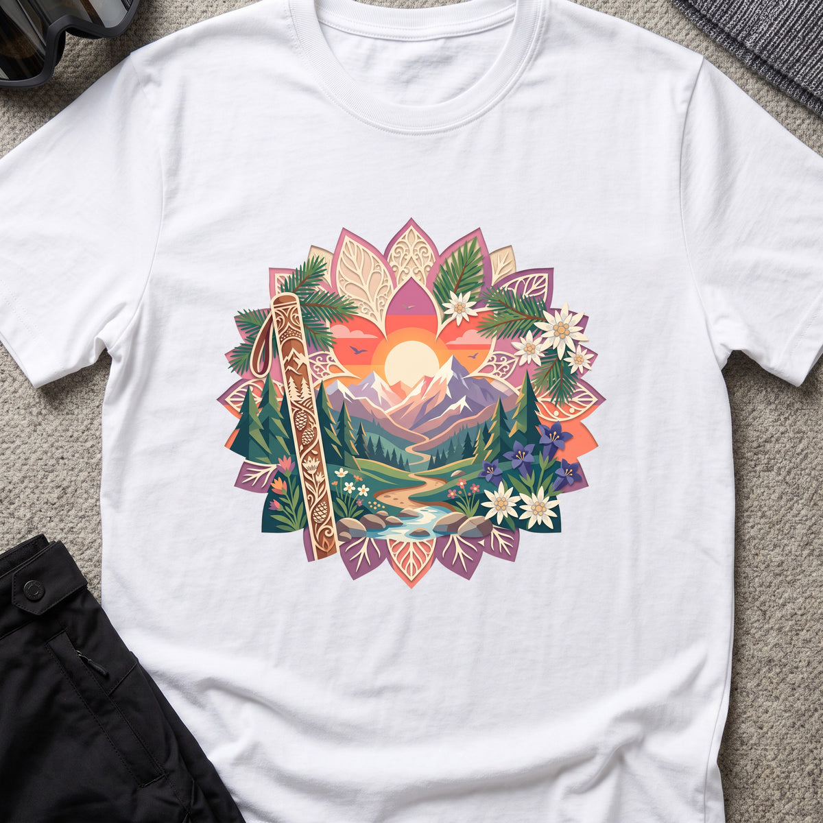 Floral Mountains T-Shirt in White, front view.