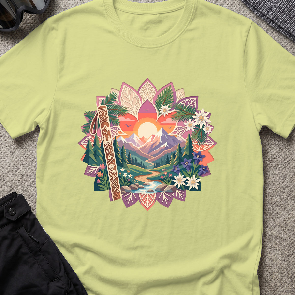 Floral Mountains T-Shirt in Pistachio, front view.