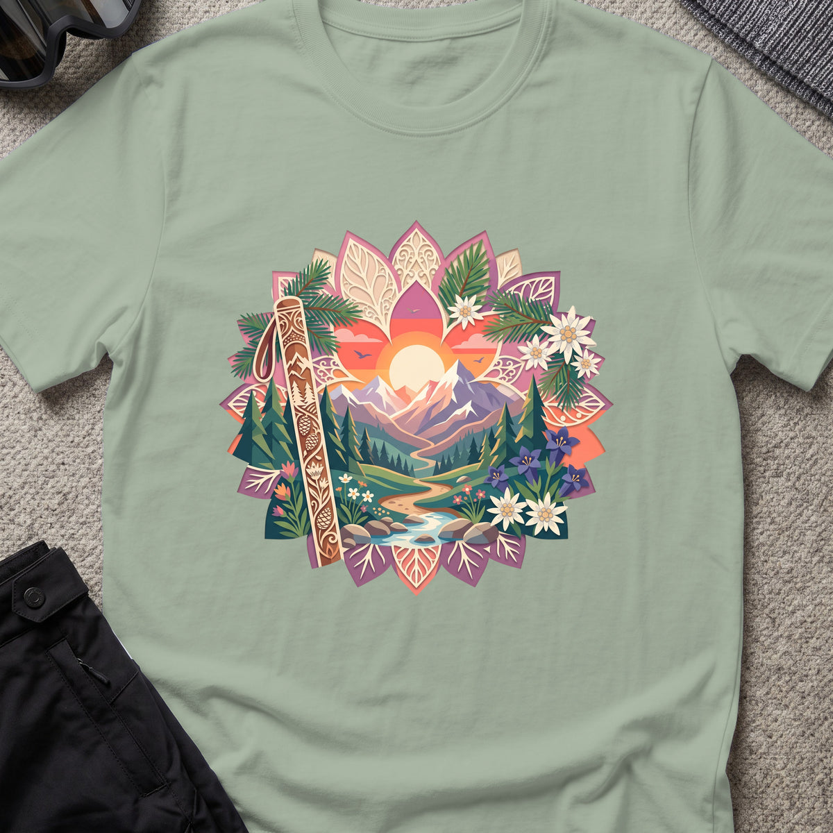Floral Mountains T-Shirt in Sage, front view.