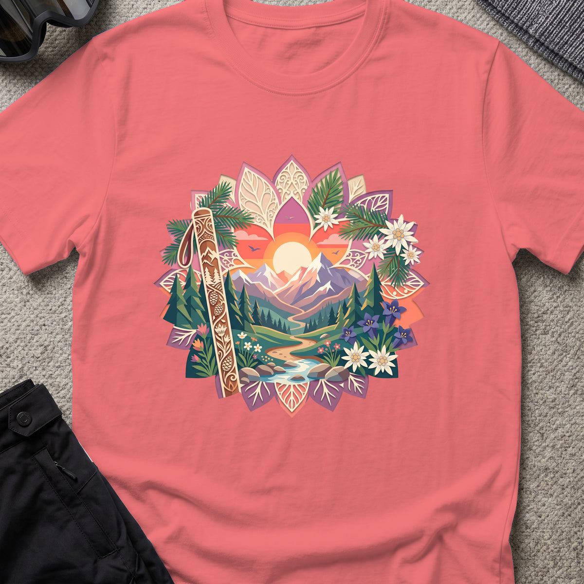 Floral Mountains T-Shirt in Coral Silk, front view.