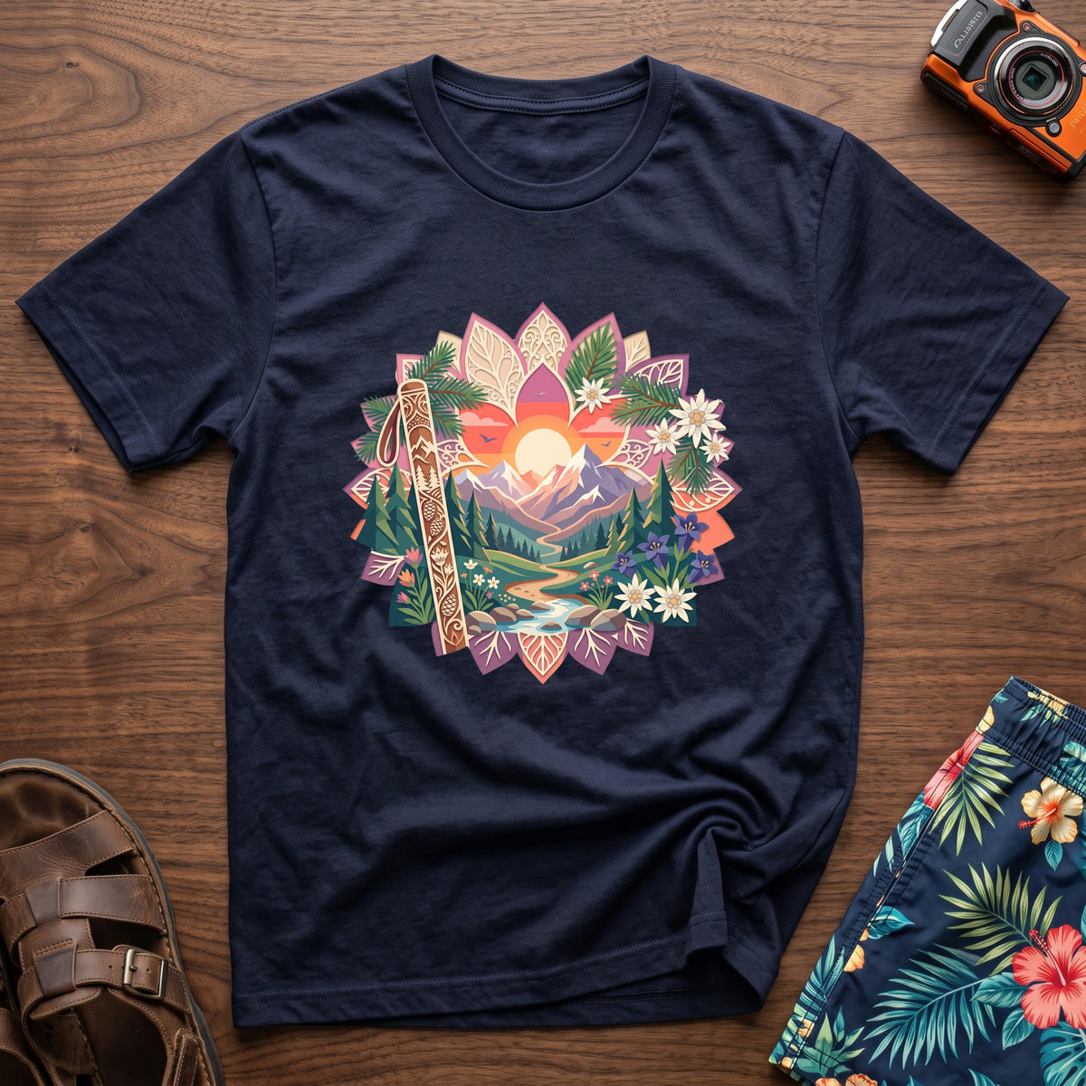 Floral Mountains T-Shirt in Navy, front view.