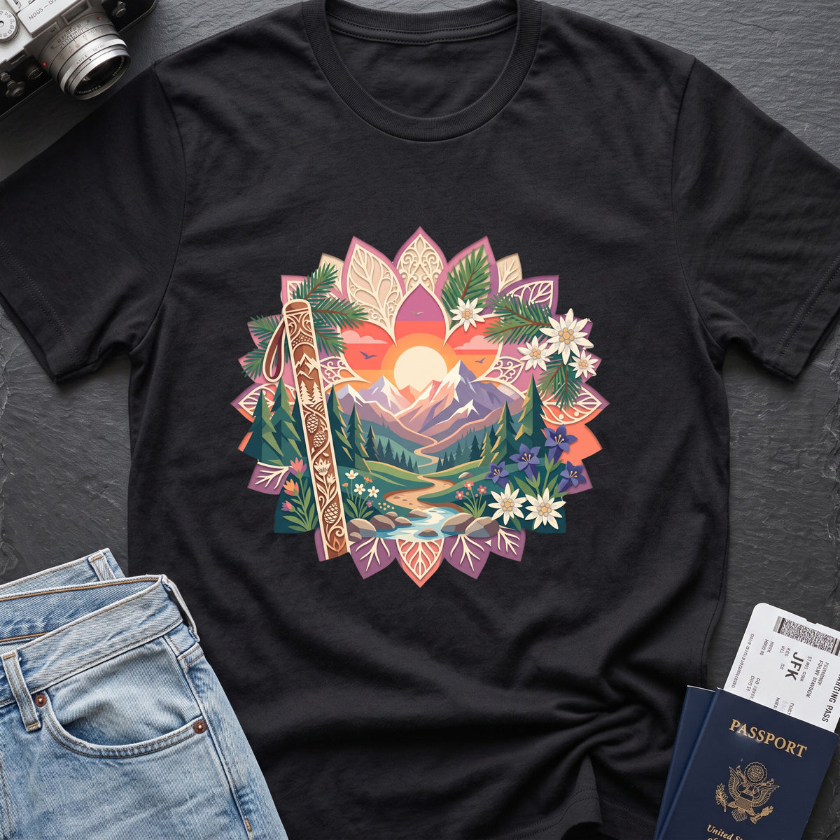 Floral Mountains T-Shirt in Black, front view.