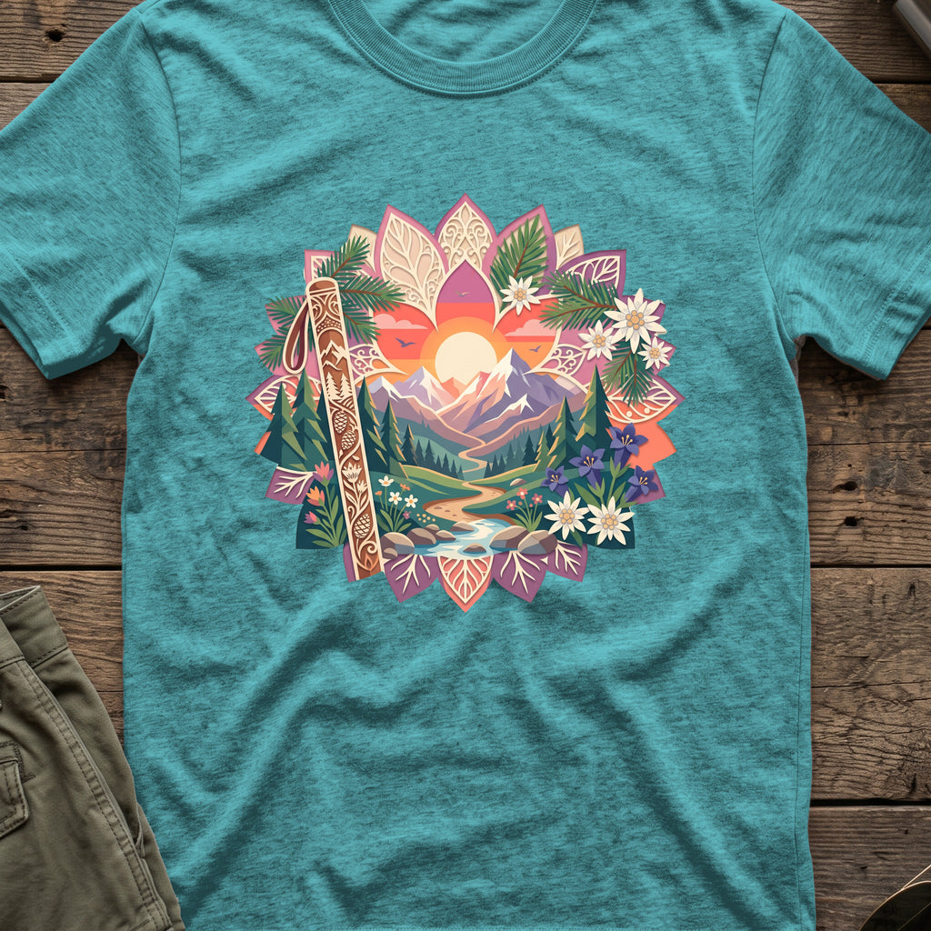 Floral Mountains T-Shirt in Heather Galapagos Blue, front view.