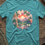 Floral Mountains T-Shirt in Heather Galapagos Blue, front view.