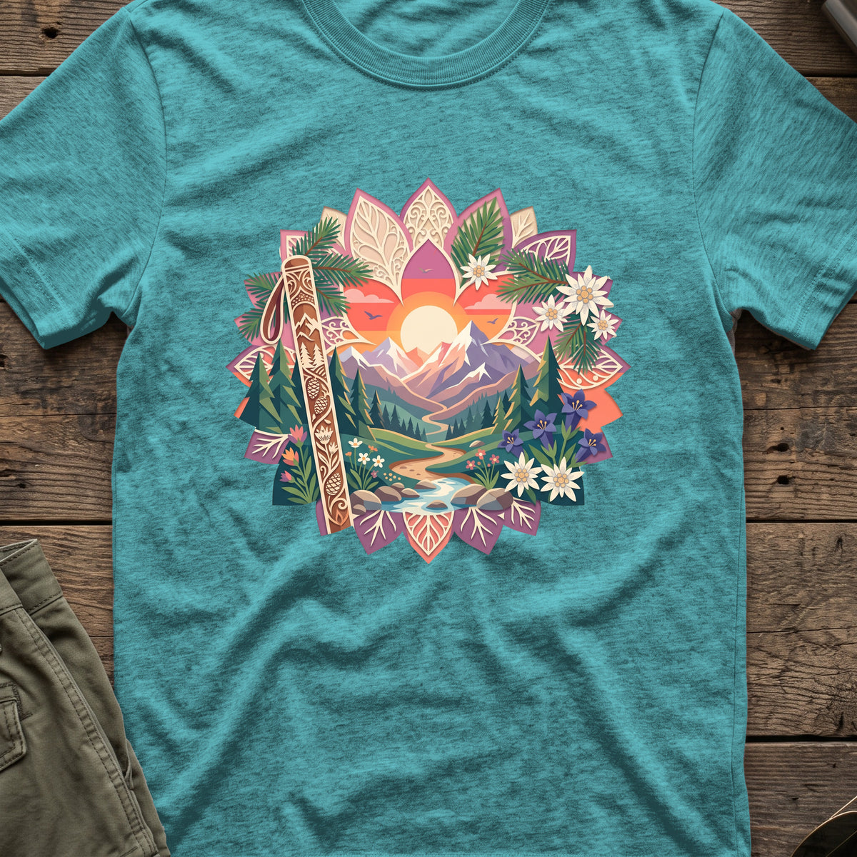 Floral Mountains T-Shirt in Heather Galapagos Blue, front view.