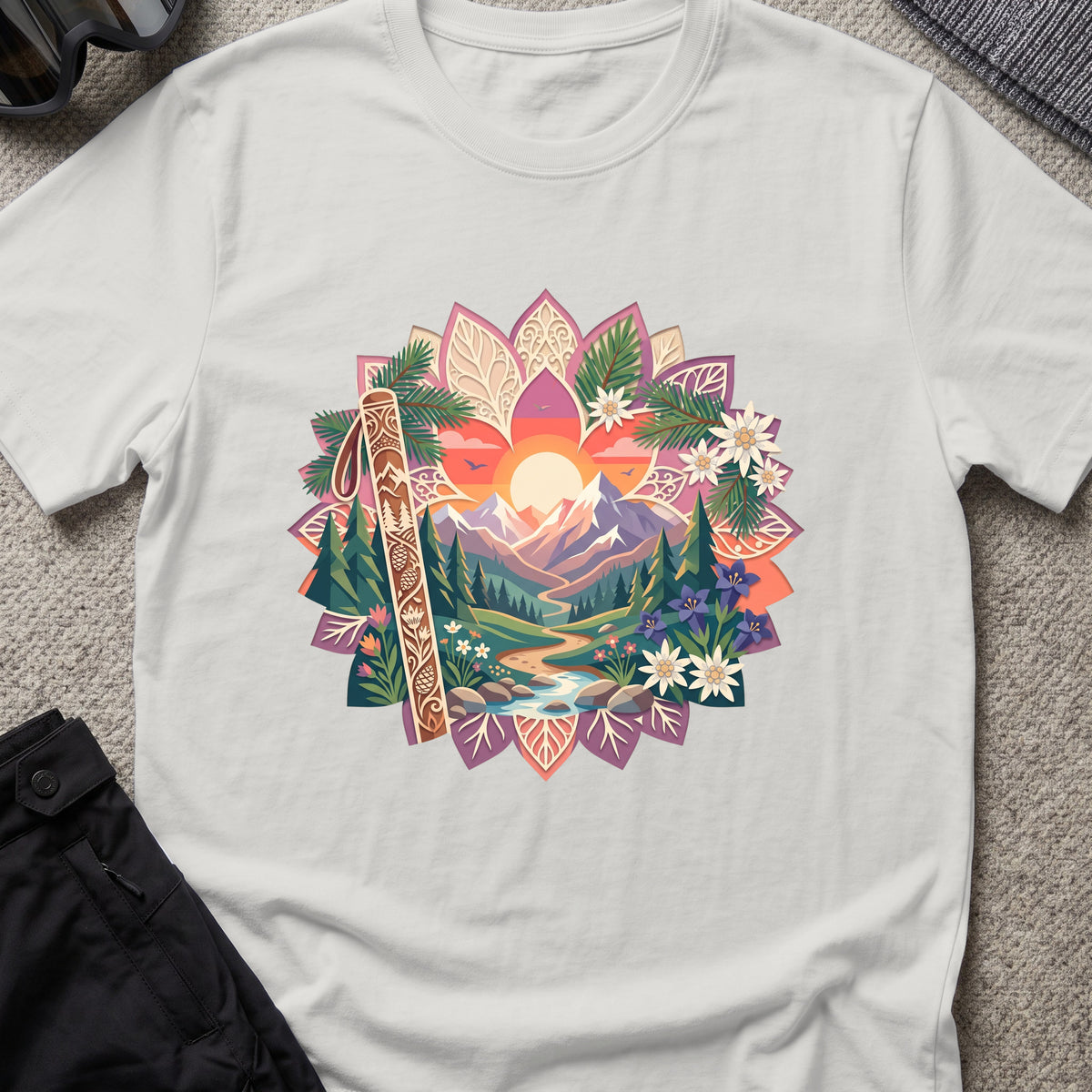 Floral Mountains T-Shirt in Ice Grey, front view.
