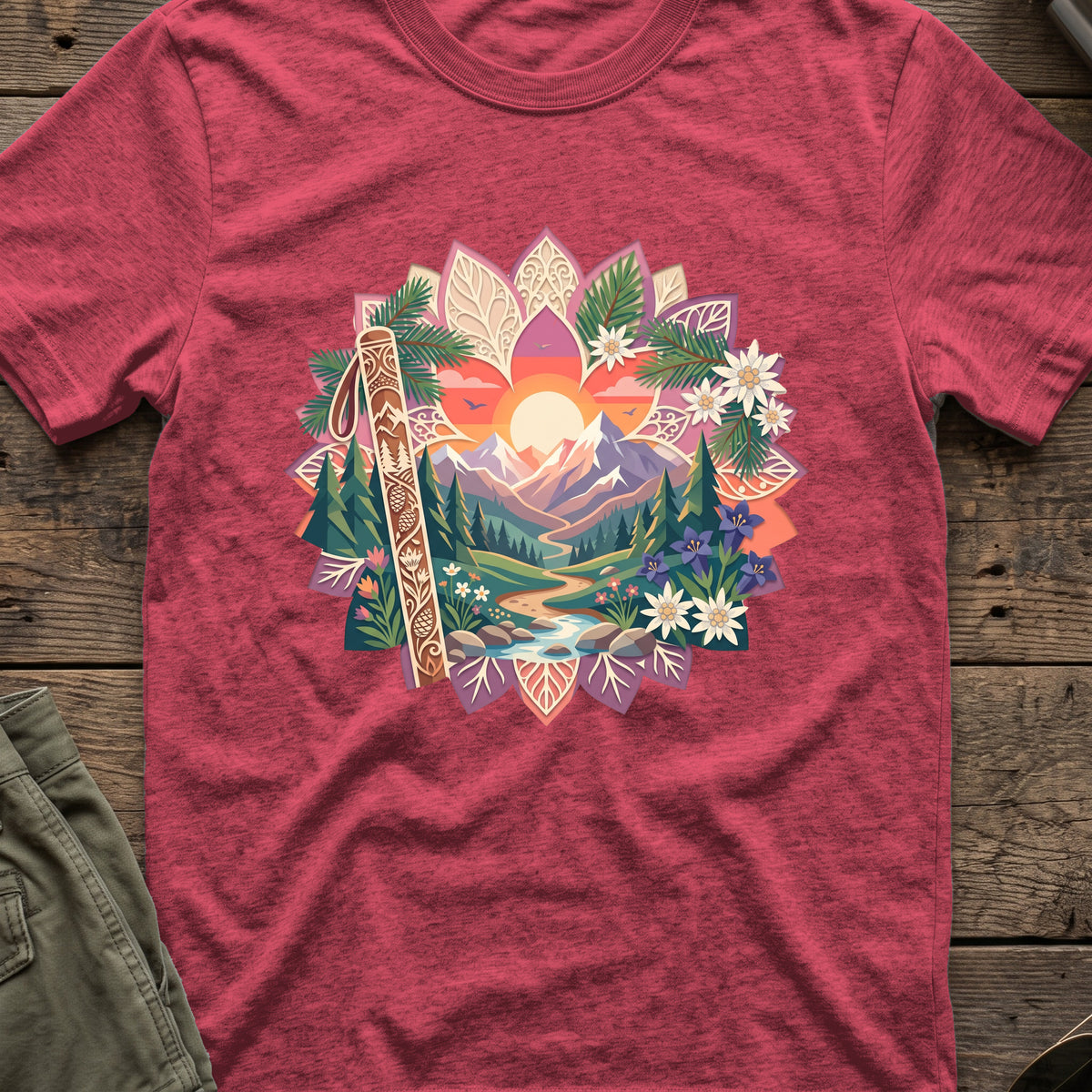 Floral Mountains T-Shirt in Heather Cardinal, front view.