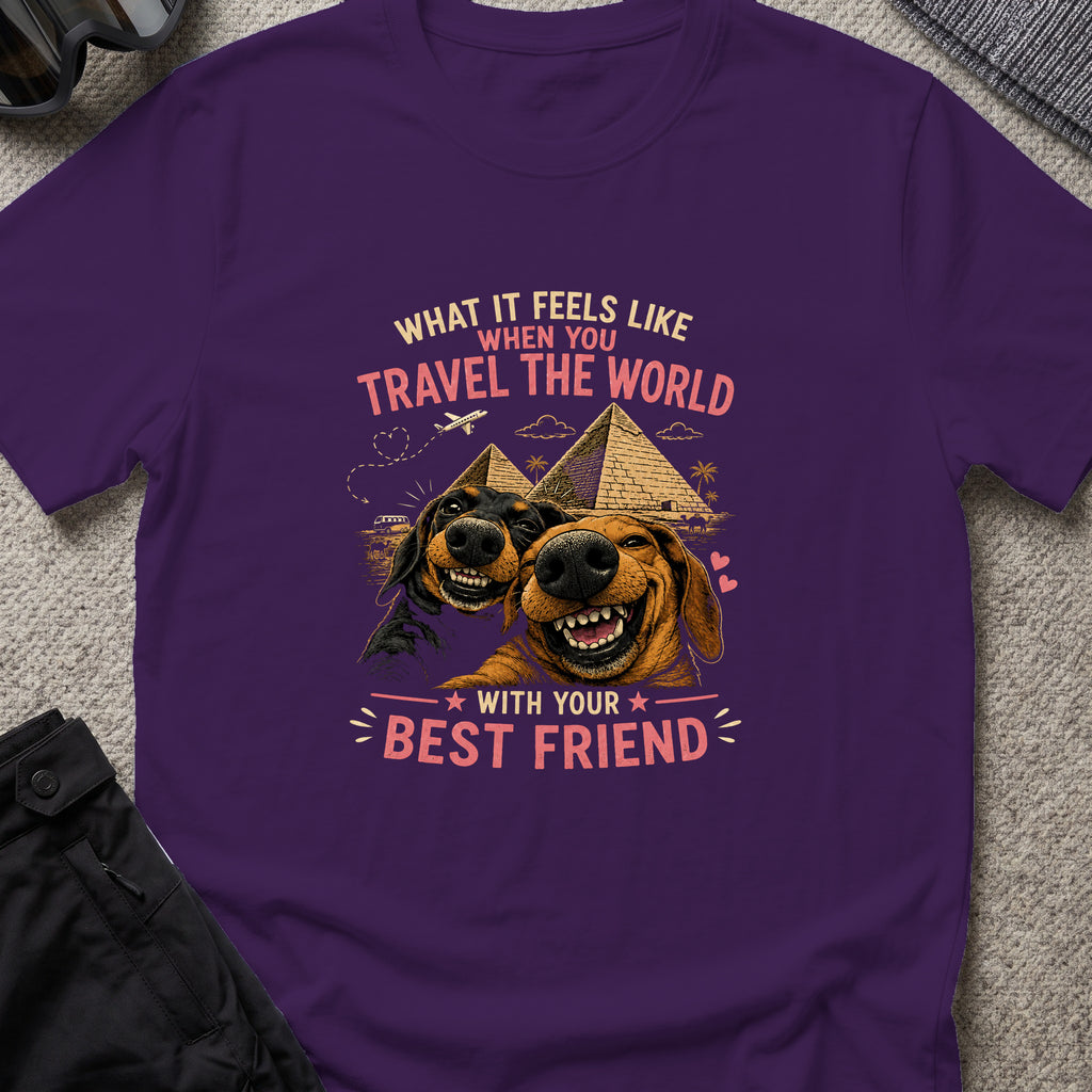 Traveling dogs Best Friends T-Shirt in Purple, front view.