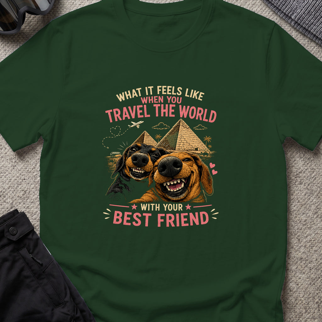 Traveling dogs Best Friends T-Shirt in Forest Green, front view.