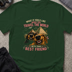 Traveling dogs Best Friends T-Shirt in Forest Green, front view.