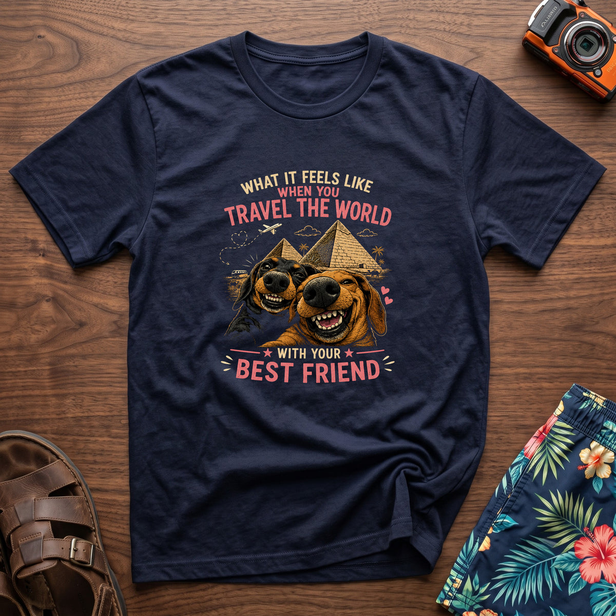 Traveling dogs Best Friends T-Shirt in Navy, front view.