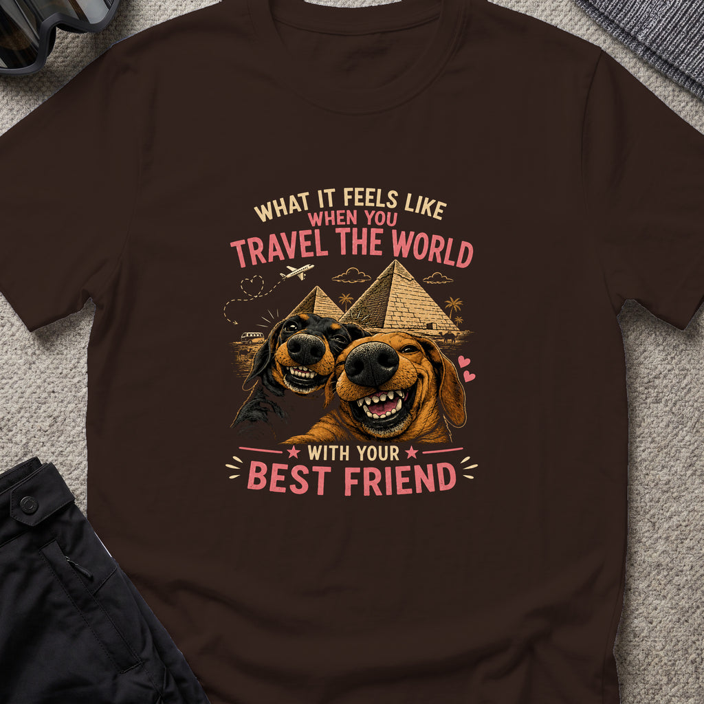 Traveling dogs Best Friends T-Shirt in Dark Chocolate, front view.