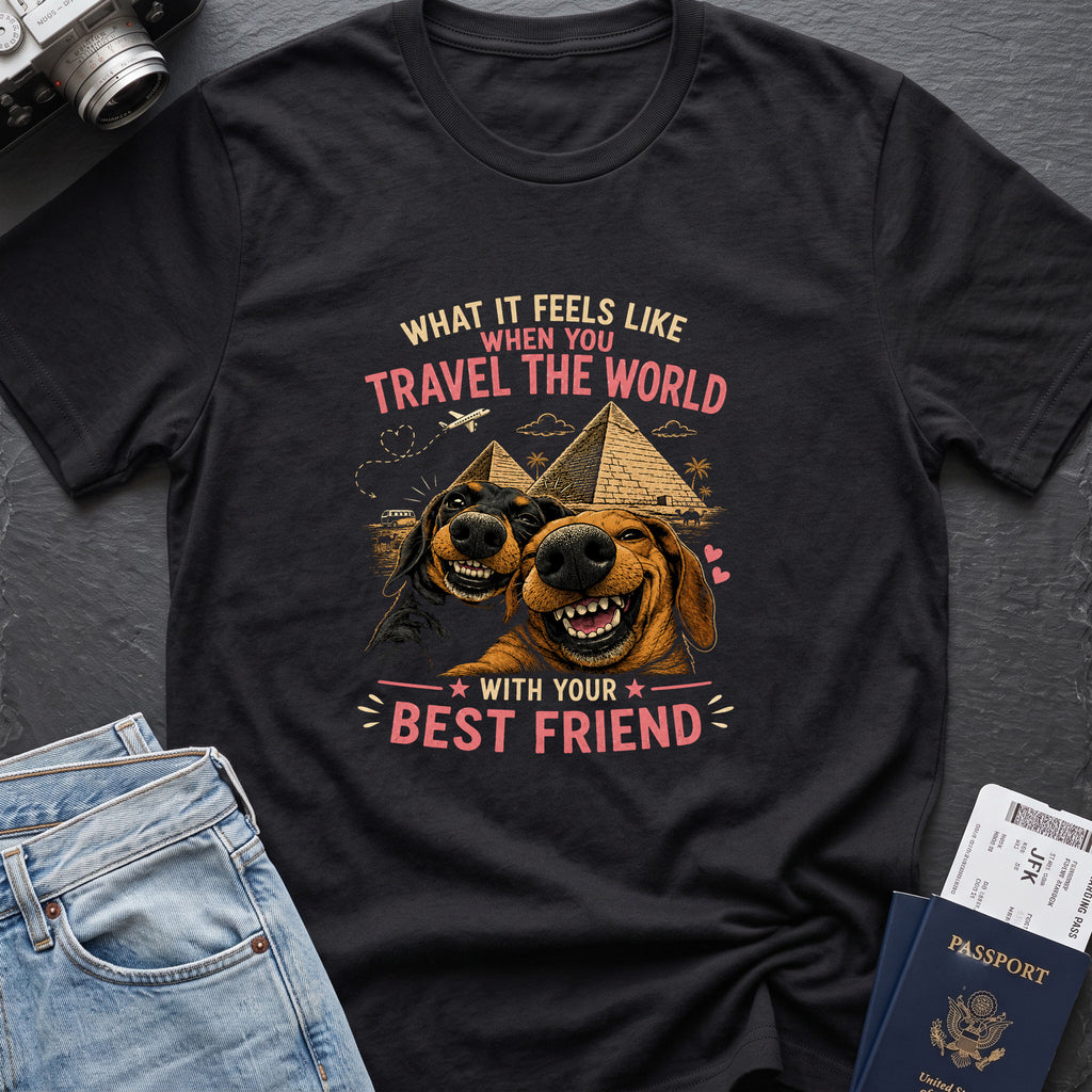 Traveling dogs Best Friends T-Shirt in Black, front view.