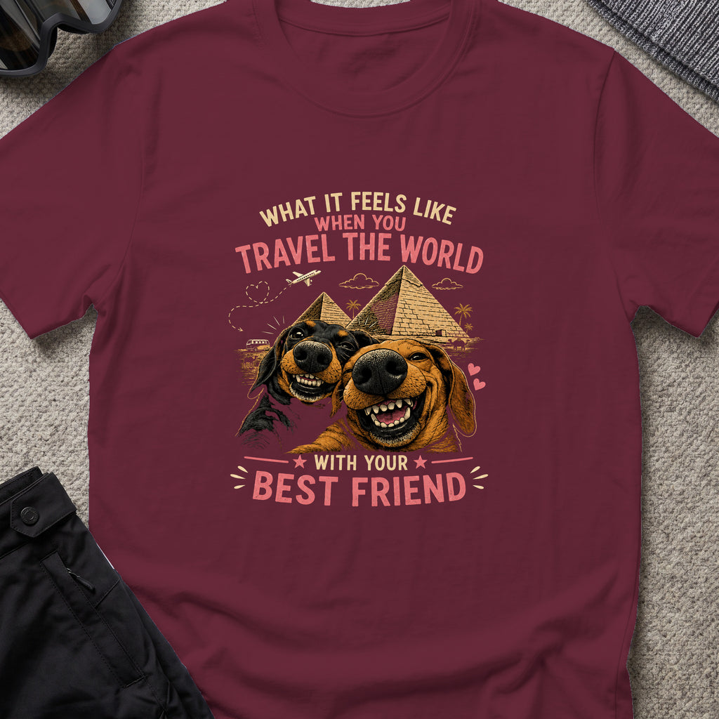Traveling dogs Best Friends T-Shirt in Maroon, front view.