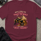 Traveling dogs Best Friends T-Shirt in Maroon, front view.