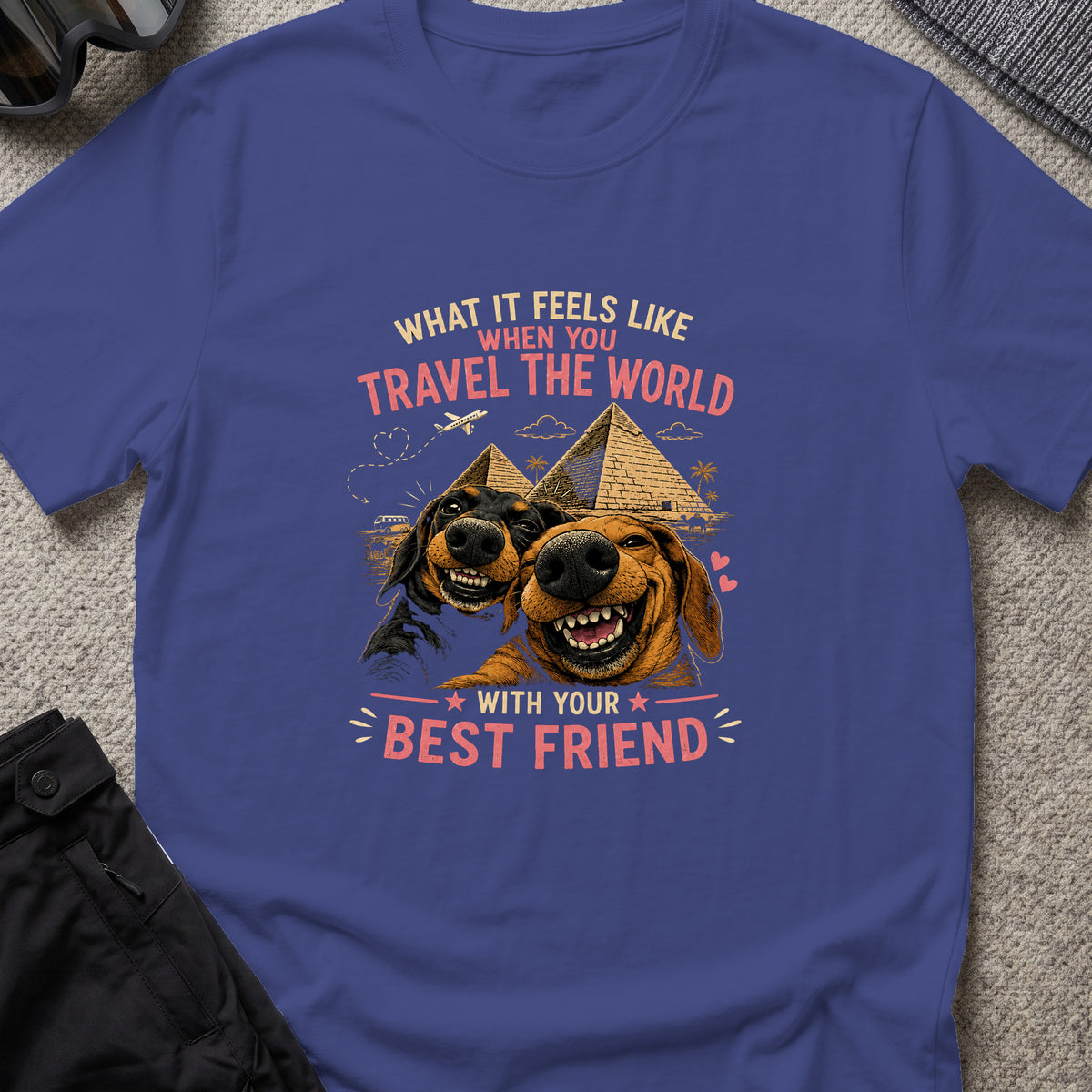 Traveling dogs Best Friends T-Shirt in Metro Blue, front view.