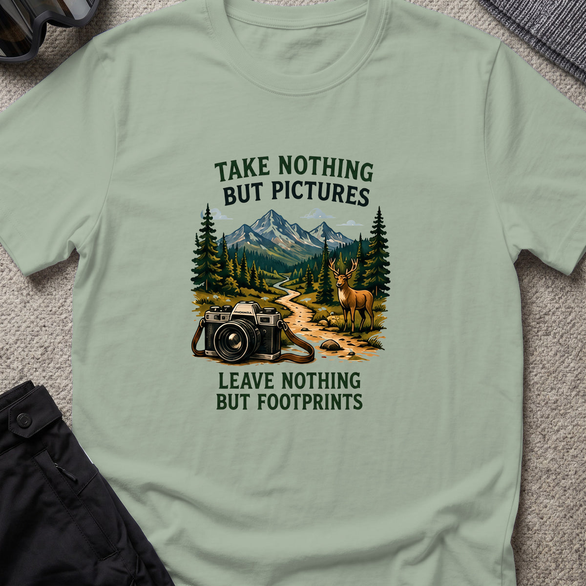 Take Nothing but Pictures T-Shirt in Sage, front view.
