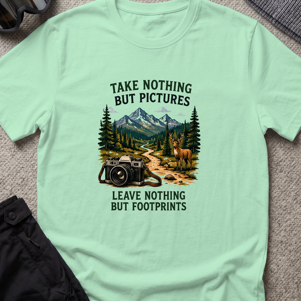 Take Nothing but Pictures T-Shirt in Mint Green, front view.