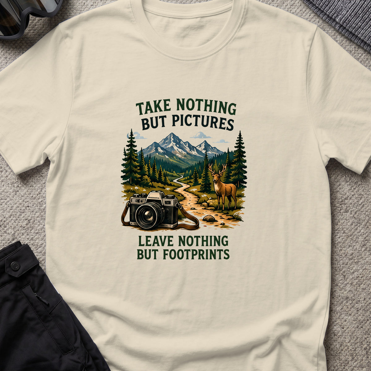 Take Nothing but Pictures T-Shirt in Sand, front view.