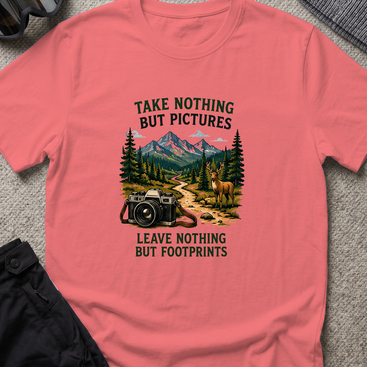 Take Nothing but Pictures T-Shirt in Coral Silk, front view.