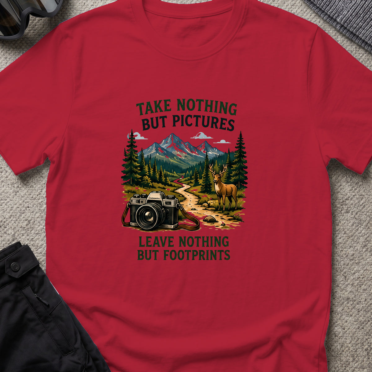 Take Nothing but Pictures T-Shirt in Antique Cherry Red, front view.