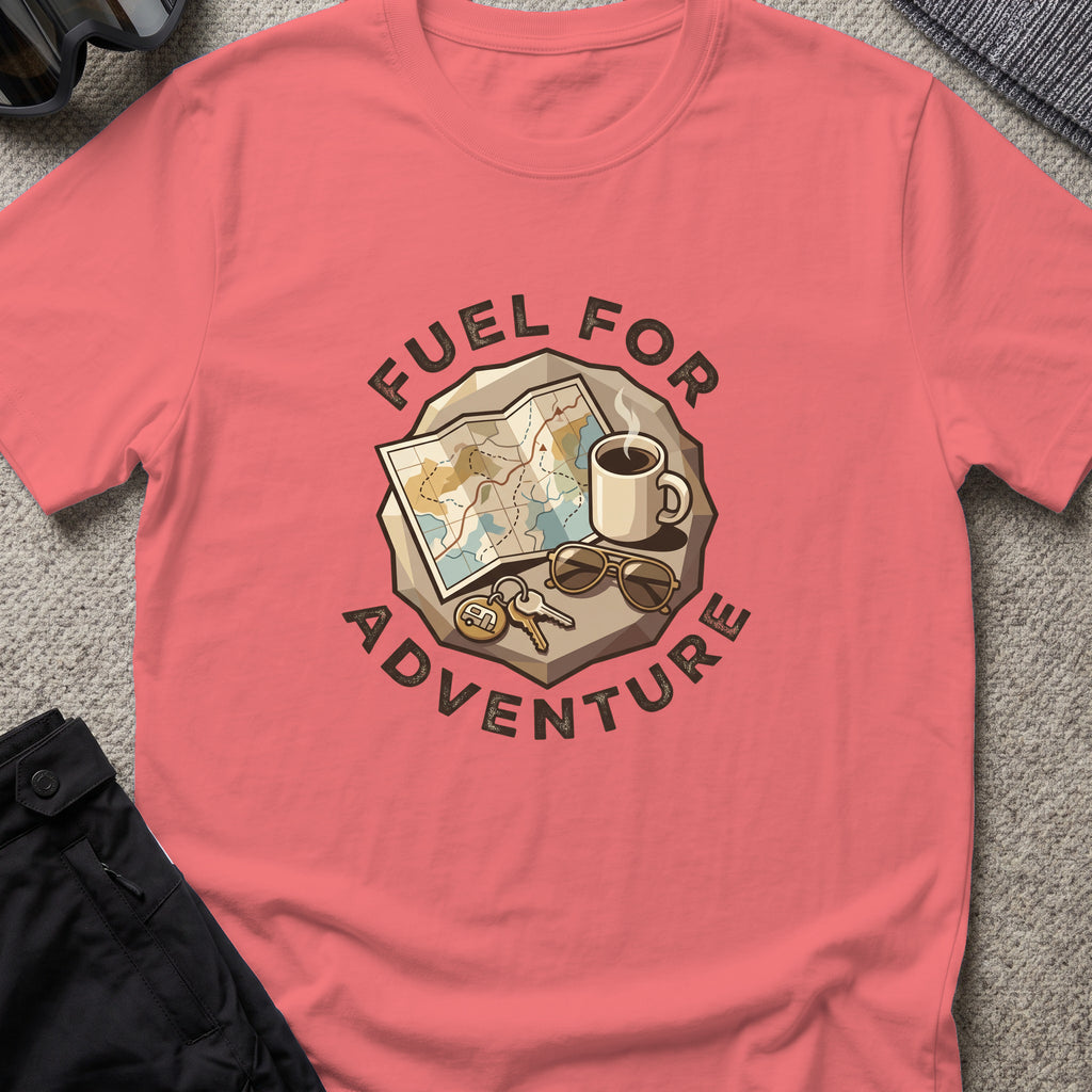 Fuel for Adventure T-Shirt in Coral Silk, front view.