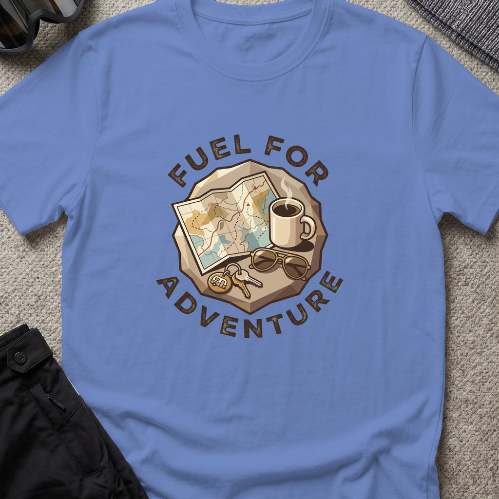 Fuel for Adventure T-Shirt in Iris, front view.