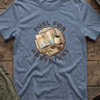 Fuel for Adventure T-Shirt in Heather Indigo, front view.