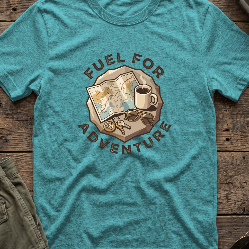 Fuel for Adventure T-Shirt in Heather Galapagos Blue, front view.