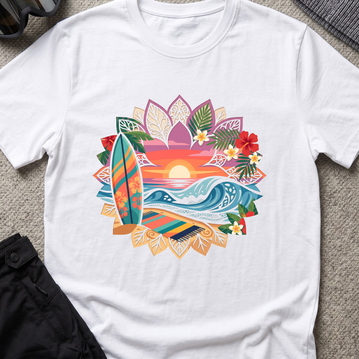 Floral Surf T-Shirt in White, front view.