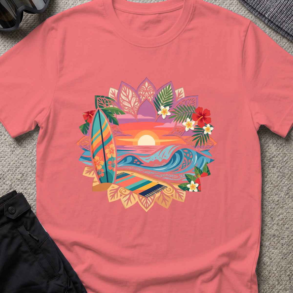 Floral Surf T-Shirt in Coral Silk, front view.