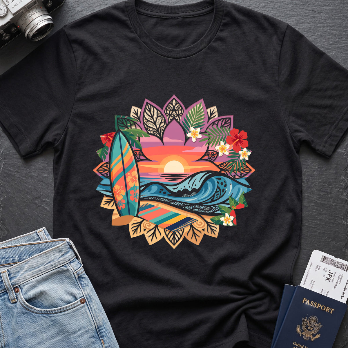 Floral Surf T-Shirt in Black, front view.
